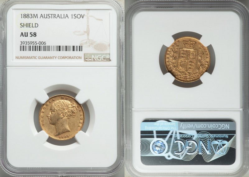 Victoria gold "Shield" Sovereign 1883-M AU58 NGC, Melbourne mint, KM6. 

HID0980...