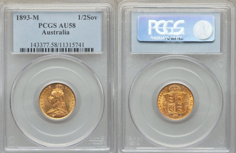 Victoria gold 1/2 Sovereign 1893-M AU58 PCGS, Melbourne mint, KM9. A very rare t...