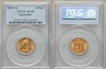 Victoria gold 1/2 Sovereign 1893-M AU58 PCGS, Melbourne mint, KM9. A very rare type from Victoria's Jubilee Head coinage, still exhibiting strong cart...