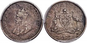 George V 3 Pence 1922/1-(m) XF Details (Cleaning) PCGS Genuine, Melbourne mint, KM24. Mintage: 900. The only certified example of this great rarity fr...