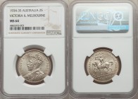 George V "Victoria & Melbourne" Florin 1934-1935 MS64 NGC, KM33. A scarce and popular commemorative, especially in this near-gem status, with 21,000 p...