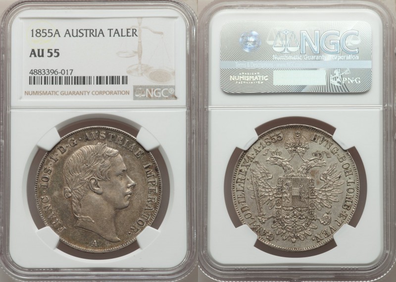 Franz Joseph I Taler 1855-A AU55 NGC, Vienna mint, KM2243.1. Markedly attractive...