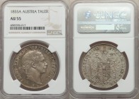 Franz Joseph I Taler 1855-A AU55 NGC, Vienna mint, KM2243.1. Markedly attractive with residual glassy elements in the peripheries and hints of lapis l...