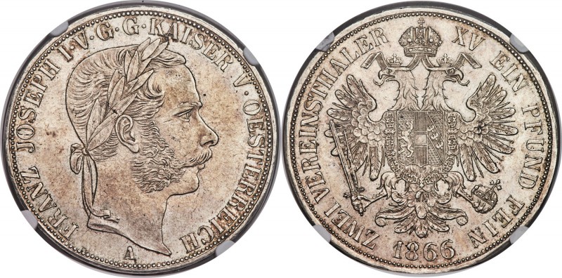 Franz Joseph I 2 Taler 1866-A MS61 NGC, Vienna mint, KM2250. Lustrous and silver...