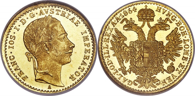 Franz Joseph gold Ducat 1864-A MS66 NGC, Vienna mint, KM2264. A gorgeous gem exa...