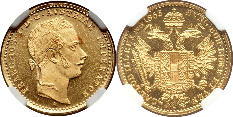 Franz Joseph I gold Ducat 1865-A MS65 NGC, Vienna mint, KM2264. Unmistakably ref...