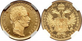Franz Joseph I gold Ducat 1865-A MS65 NGC, Vienna mint, KM2264. Unmistakably reflective and decidedly prooflike, with a full cameo contrast between th...