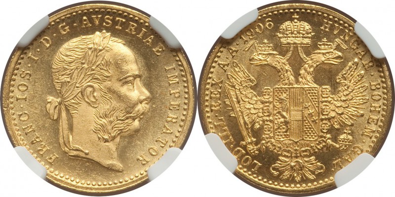 Franz Joseph I gold Ducat 1906 MS66 NGC, KM2267. A superbly brilliant offering a...