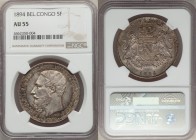 Belgian Colony. Leopold II 5 Francs 1894 AU55 NGC, KM8.1. Exuding a tangible sense of age, marvelous cabinet tone complimenting still lustrous graphit...