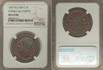 Leopold I copper Pattern 2-1/2 Francs 1850 MS65 Brown NGC, KM-Unl., Dupriez-462 (R2). A delightful milk-chocolate gem, prominent magenta and navy acce...