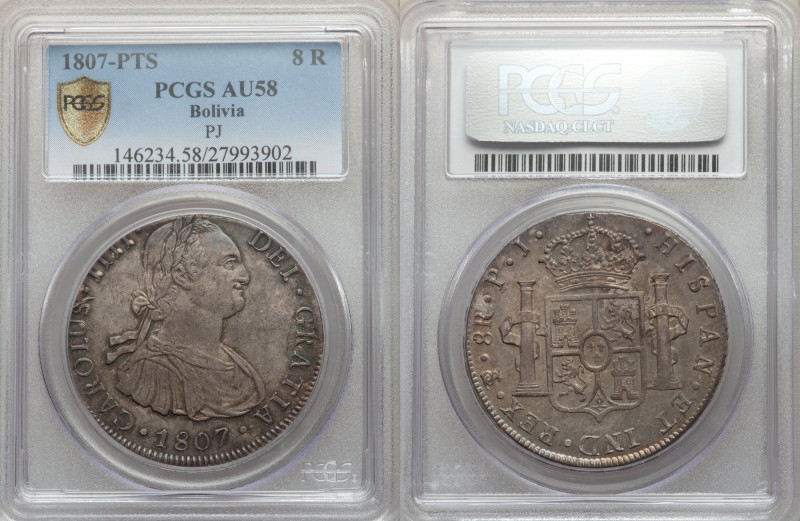 Charles III 8 Reales 1807 PTS-PJ AU58 PCGS, Potosi mint, KM73. Considerably nice...