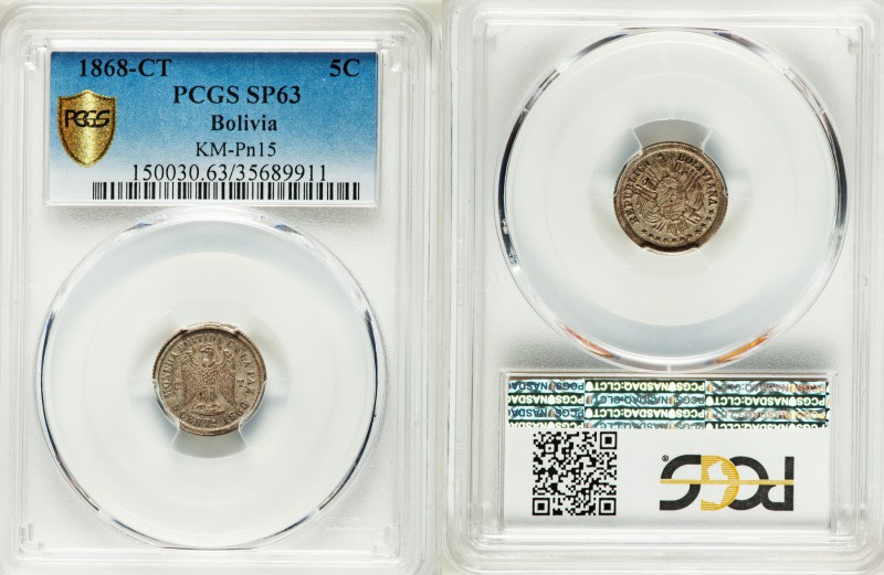 Republic silver Specimen Pattern 5 Centavos 1868-CT SP63 PCGS,  La Paz mint, KM-...