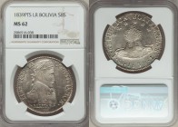 Republic 8 Soles 1839 PTS-LR MS62 NGC, Potosi mint, KM97. A generally difficult date-assayer combination in Mint State grades, particularly when encou...
