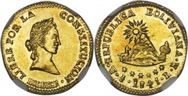 Republic gold 1/2 Scudo 1841 PTS-LR MS64 NGC, Potosi mint, KM104, Fr-30. A delightful specimen with semi-mirrored fields showing light touches of ambe...