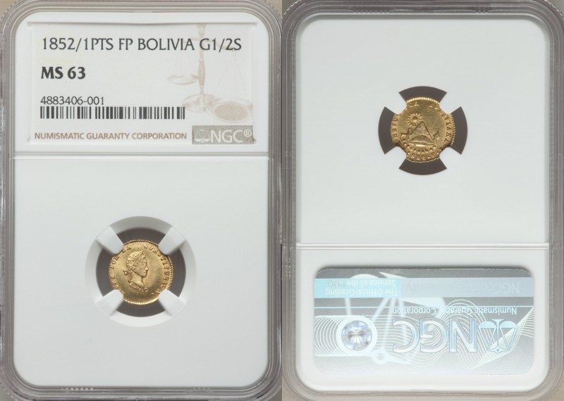 Republic gold 1/2 Scudo 1852/1 PTS-FP MS63 NGC, Potosi mint, KM113. Truly gorgeo...