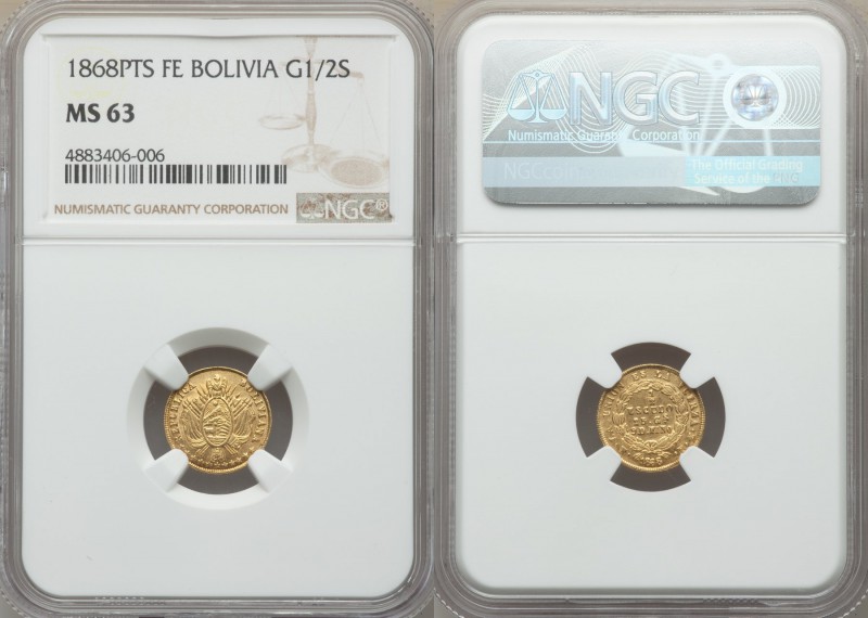 Republic gold 1/2 Scudo 1868 PTS-FE MS63 NGC, Potosi mint, KM140. An on the whol...