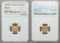Republic gold 1/2 Scudo 1868 PTS-FE MS63 NGC, Potosi mint, KM140. An on the whole covetable gold minor, boldly struck up in the devices and markedly c...