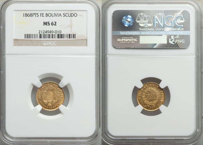 Republic gold Scudo 1868 PTS-FE MS62 NGC, Potosi mint, KM141. An elusive single-...