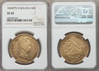 Republic gold 8 Scudos 1846 PTS-R XF45 NGC, Potosi mint, KM108.2. A better date for the issue, a scattering of minor planchet flaws present on the rev...