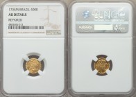 João V gold 400 Reis 1734-M AU Details (Repaired) NGC, Minas Gerais mint, KM145. The tiniest of Brazilian gold coins from the period, and rather well ...