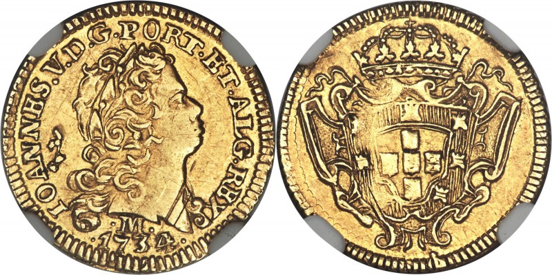 João V gold 800 Reis 1734/2-M AU58 NGC, Minas Gerais mint, KM120, Fr-59, LMB-263...