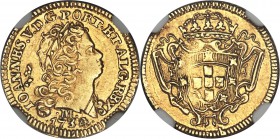 João V gold 800 Reis 1734/2-M AU58 NGC, Minas Gerais mint, KM120, Fr-59, LMB-263. A scarcer overdate variety, difficult in any condition much less app...