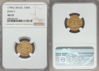 João V gold 1000 Reis 1749-(L) AU55 NGC, Lisbon mint, KM162.4. A scarce emission from the final year of João V's reign, struck for use in the state of...