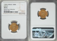 João V gold 1000 Reis 1749-(L) AU53 NGC, Lisbon mint, KM162.4, LMB-290. Amber toned with a distinctive clay red hue gracing the reverse peripheries. F...