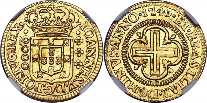 João V gold 2000 Reis 1749-(L) MS61 NGC, Lisbon mint, KM163, LMB-291. A charming...