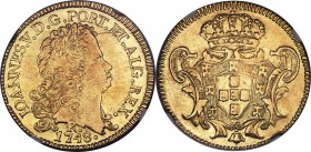 João V gold 6400 Reis 1748-R XF45 NGC, Rio de Janeiro mint, KM149, LMB-223. Attractive and evenly struck, though just slightly left of center. From th...