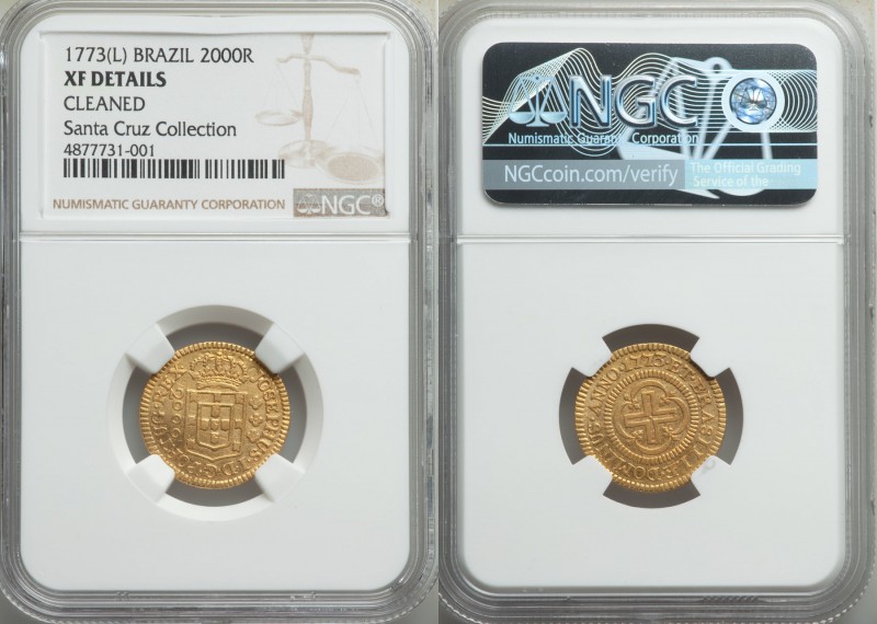Jose I gold "Reduced Size" 2000 Reis 1773-(L) XF Details (Cleaned) NGC, Lisbon K...