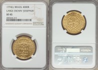 Jose I gold 4000 Reis 1774-(L) XF45 NGC, Lisbon mint, KM171.2. Variety with large crown and king's name written as JOSEPHUS. 

HID09801242017