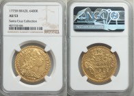 Jose I gold 6400 Reis 1773-B AU53 NGC, Bahia mint, KM172.1, LMB-403. Semi-lustrous and showing very little actual wear. From the Santa Cruz Collection...