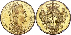 Maria I gold 6400 Reis 1787-R AU55 NGC, Rio de Janeiro mint, KM218.1, LMB-O524. Deep-gold and lustrous with a minor spot in the field at 3 o'clock on ...