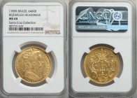 Maria I gold 6400 Reis 1789-R MS60 NGC, Rio de Janeiro mint, KM226.1, LMB-527. Bejeweled headdress variety. A boldly struck and fully Mint State offer...