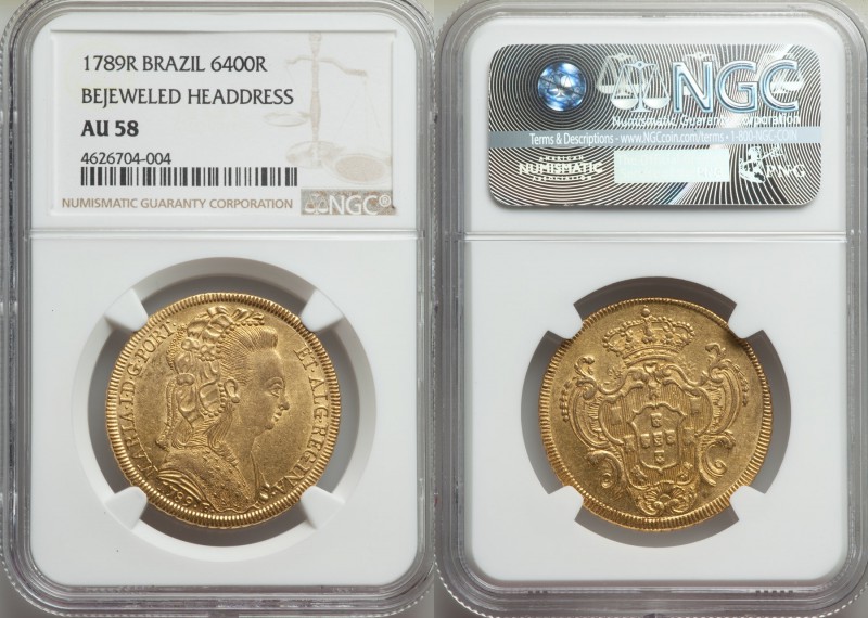 Maria I gold 6400 Reis 1789-R AU58 NGC, Rio de Janeiro mint, KM226.1. Bejeweled ...