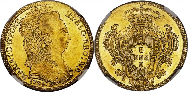 Maria I gold 6400 Reis 1791/0-B MS61 NGC, Bahia mint, KM226.2, LMB-529. An unlis...