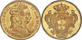 Maria I gold 6400 Reis 1791-R MS61 NGC, Rio de Janeiro mint, KM226.1, LMB-529. Radiant with a sharp portrayal of Queen Maria on the obverse. The rever...
