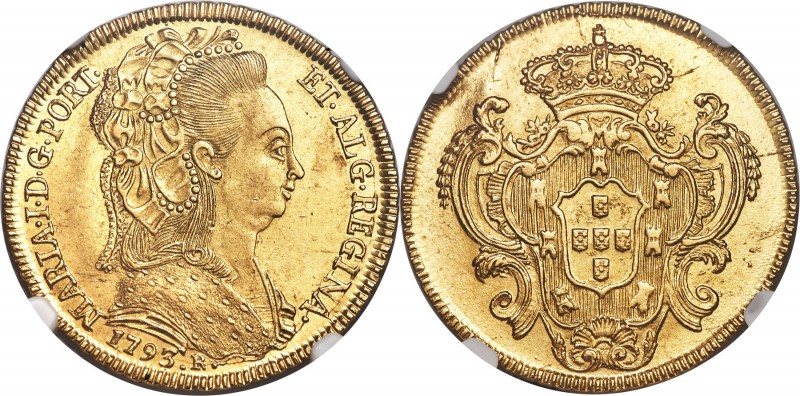 Maria I gold 6400 Reis 1793-R MS62 NGC, Rio de Janeiro mint, KM226.1, LMB-531. A...