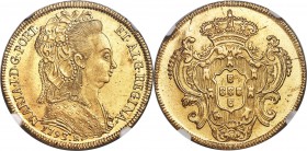 Maria I gold 6400 Reis 1793-R MS62 NGC, Rio de Janeiro mint, KM226.1, LMB-531. A bright gold color marked by gleaming luster defines this example, whi...