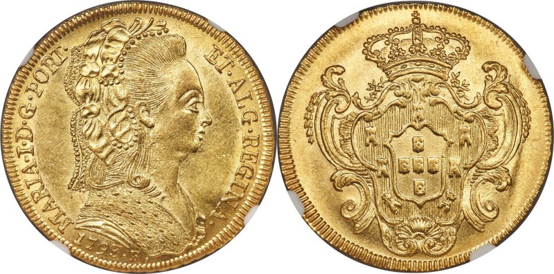 Maria I gold 6400 Reis 1793-R MS61 NGC, Rio de Janeiro mint, KM226.1, LMB-531. A...