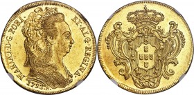 Maria I gold 6400 Reis 1793-R MS60 NGC, Rio de Janeiro mint, KM226.1, LMB-O531. Scattered contact marks and light scratches in the field, retaining sa...