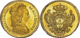 Maria I gold 6400 Reis 1796-R MS61 NGC, Rio de Janeiro mint, KM226.1. Soft surfaces with an unusually wide rim for the type, which boldly frames the c...