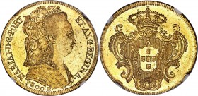 Maria I gold 6400 Reis 1800-R MS61 NGC, Rio de Janeiro mint, KM226.1, LMB-O538. Well-struck with attractive color. From the Santa Cruz Collection

HID...