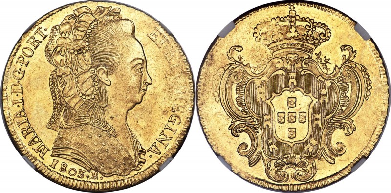 Maria I gold 6400 Reis 1803-R MS61 NGC, Rio de Janeiro mint, KM226.1, LMB-541. S...