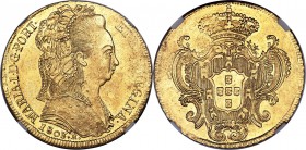 Maria I gold 6400 Reis 1803-R MS61 NGC, Rio de Janeiro mint, KM226.1, LMB-541. Somewhat weakly struck in isolated areas, though with a bold rendering ...