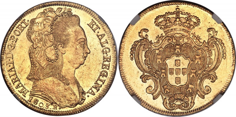 Maria I gold 6400 Reis 1803-R MS61 NGC, Rio de Janeiro mint, KM226.1, LMB-541. T...