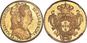 Maria I gold 6400 Reis 1803-R MS61 NGC, Rio de Janeiro mint, KM226.1, LMB-541. The specimen displays crackling golden luster with a uniformly bold str...