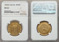 João Prince Regent gold 4000 Reis 1808-(R) MS62 NGC, Rio de Janeiro mint, KM235.2. Thoroughly charming, a minor die shift detectable around the 0's in...