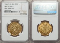 João Prince Regent gold 4000 Reis 1808-(R) UNC Details (Obverse Scratched) NGC, Rio de Janeiro mint, KM235.2.

HID09801242017